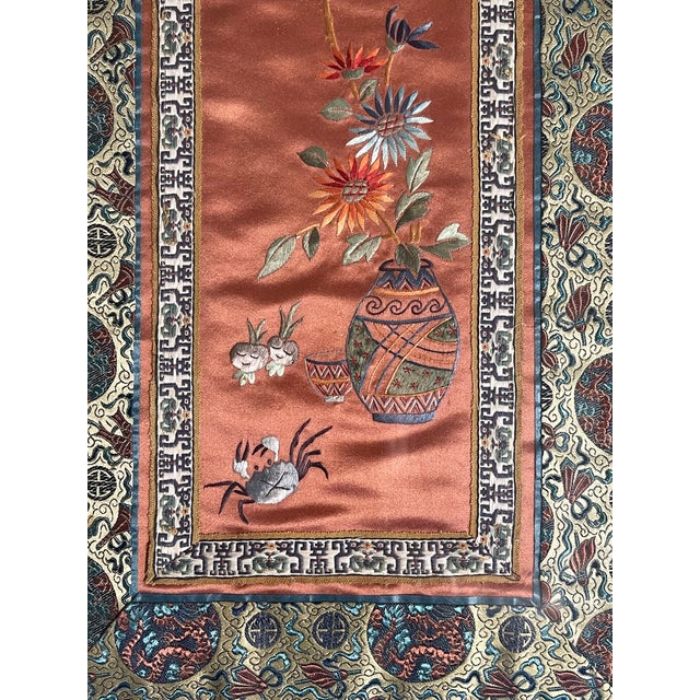 Three Antique Chinese Chinoiserie Embroidered Silk Oanels Framed For Sale - Image 10 of 11