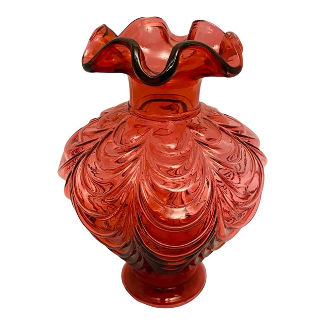 Vintage Fenton Cranberry Art Glass Drape Feather Vase For Sale
