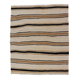 Vintage Turkish Kilim Rug With Ivory, Brown and Deep Charcoal Stripes For Sale