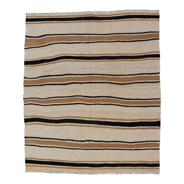 Vintage Turkish Kilim Rug With Ivory, Brown and Deep Charcoal Stripes For Sale