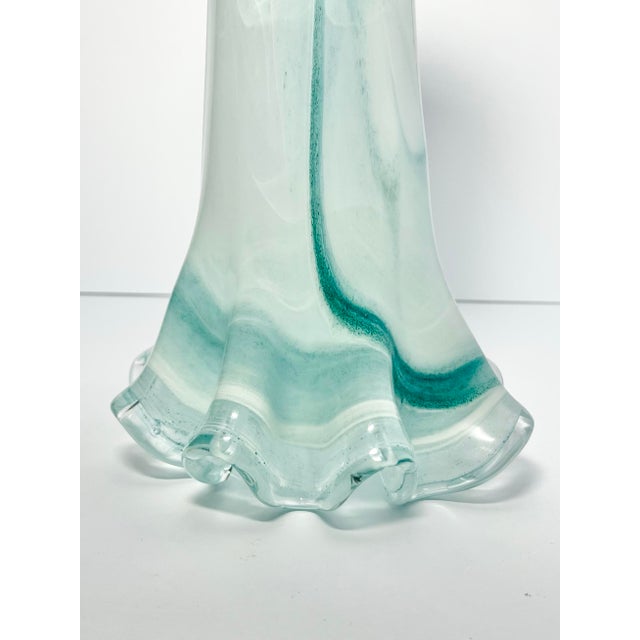 Contemporary Murano-Style Italian Sea Green Blue Ruffled Swirl Tall Vase For Sale In Dallas - Image 6 of 8