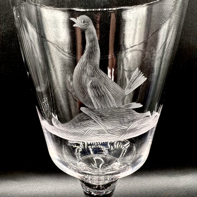Early 20th Century Antique Victorian Hand-Engraved Glass Wine Goblets with Wildlife Goose Scene, England, 1900s, Set of 3 For Sale - Image 5 of 8