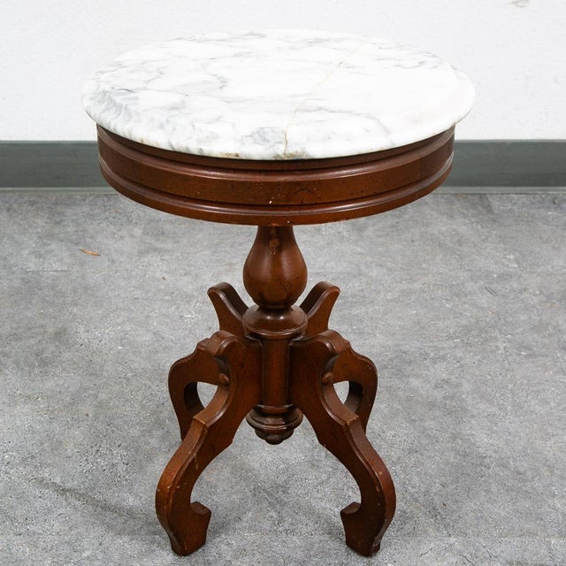 Brown Mid Century Modern End Table Side Round Stone Pedestal Mahogany Marble Vintage Nm For Sale - Image 8 of 11