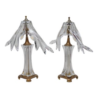 Mid 20th Century Cofrac Art Verrier French Crystal and Brass Table Lamps Set of 2 For Sale
