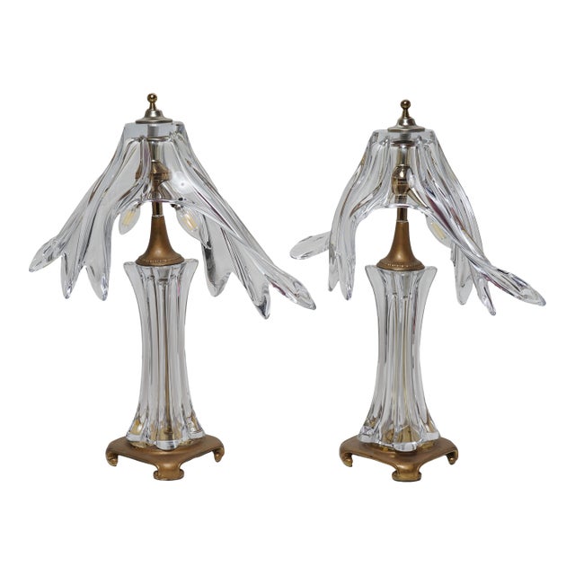 Mid 20th Century Cofrac Art Verrier French Crystal and Brass Table Lamps Set of 2 For Sale