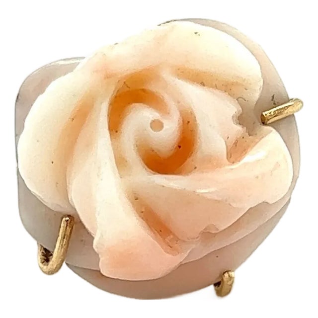 Pink Coral Carved Rose 14k Yellow Gold Ring - Size 8 For Sale