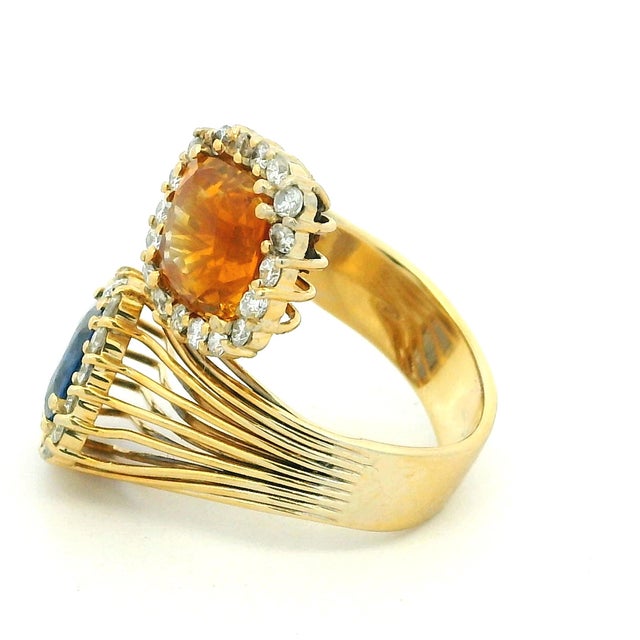 Metal Italian Modernist 18k Gold Blue & Orange Sapphire Diamond Bypass Ring, Circa 1980, Size 7.75 For Sale - Image 7 of 11