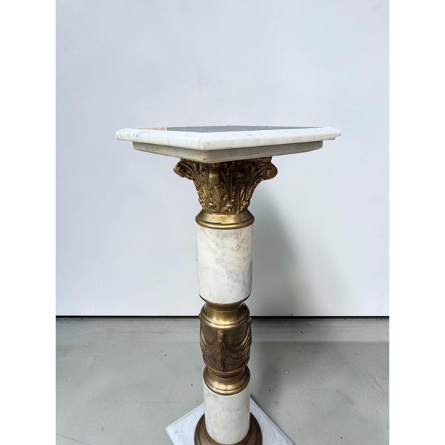 Stone Antique French Empire Bronze Ormolu White Marble Pedestals - A Pair For Sale - Image 7 of 10