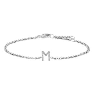 10K White Gold Diamond Accent "M" Initial Charm and Link Bracelet For Sale