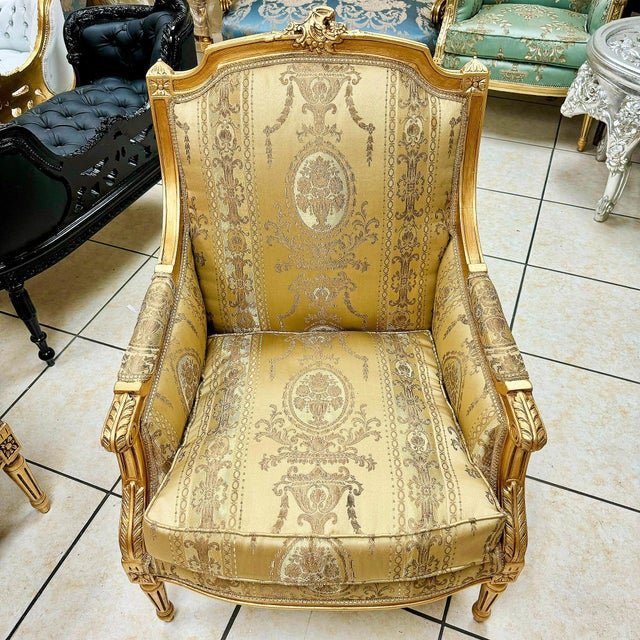 Textile French Style Gold-Tone Bergere Chair For Sale - Image 7 of 7