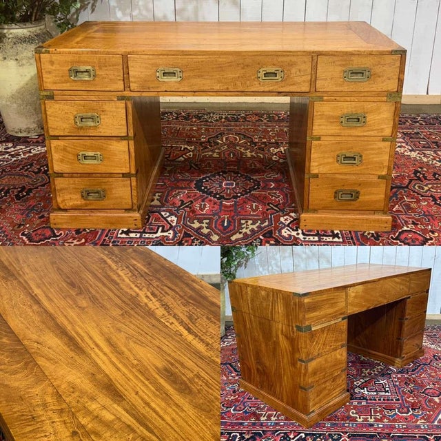 Flat-top desk in marine style mahogany - Indian work from the 1980s - W=1.40m D=70cm H=77cm