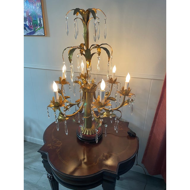 Mid 20th Century Italian Gilt Tole and Crystals Electric Candelabra Lamp For Sale - Image 18 of 18