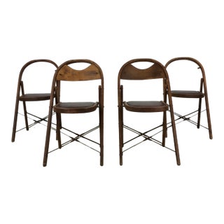 Set of 4 Antique Folding Chairs With Vintage Vinyl Upholstery For Sale
