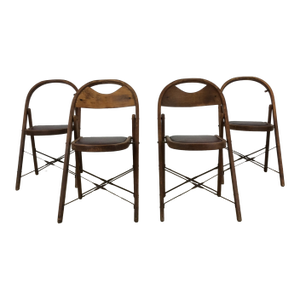 Set of 4 Antique Folding Chairs With Vintage Vinyl Upholstery