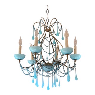1940s Mid Century Opaline Aqua Murano 6 Light Chandelier For Sale