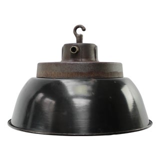 Vintage Factory Black Enamel and Cast Iron Pendant Lamp For Sale