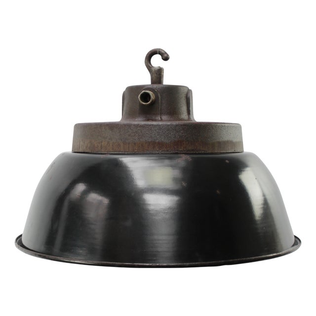 Vintage Factory Black Enamel and Cast Iron Pendant Lamp For Sale