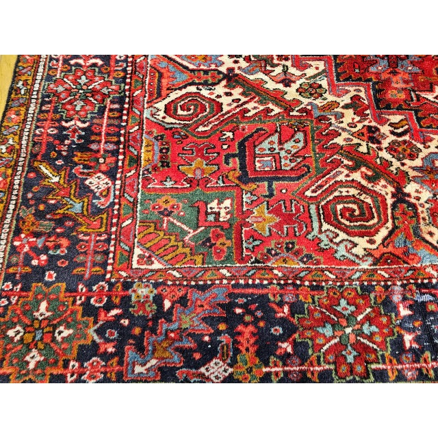 Textile Vintage Oversized Persian Heriz Rug, Hand-Knotted Wool, Geometric Pattern, Red & Navy, 12x16 For Sale - Image 7 of 10