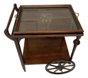 Early 20th Century Painted Motif Antique Tea Cart With Removable Serving Tray