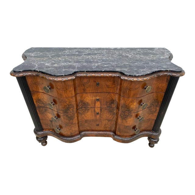 Spectacular Antique Walnut Serpentine Commode With Marble Top – Late 19th/Early 20th Century For Sale
