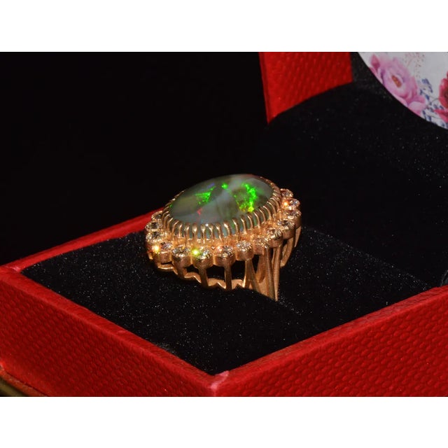Gemstone Certified Natural 9.25Cts VS F Diamond Opal 750 18K Solid Gold Cocktail Halo Milgrain Ring, size 6.5 For Sale - Image 7 of 10