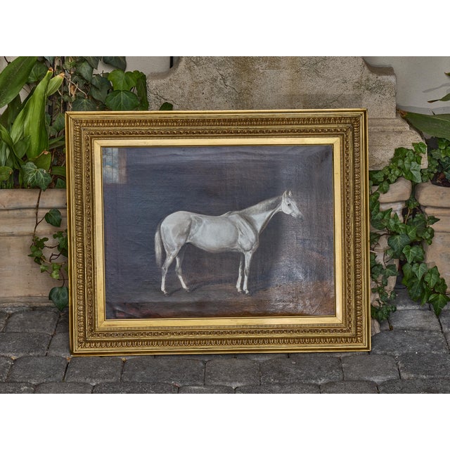 Antique English Oil Painting of a White Horse in Giltwood Frame, circa 1884 For Sale In Atlanta - Image 6 of 12