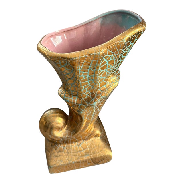 Vintage Gold & Turquoise Crackle Glaze Sculptural Ceramic Vase With Pink Interior For Sale