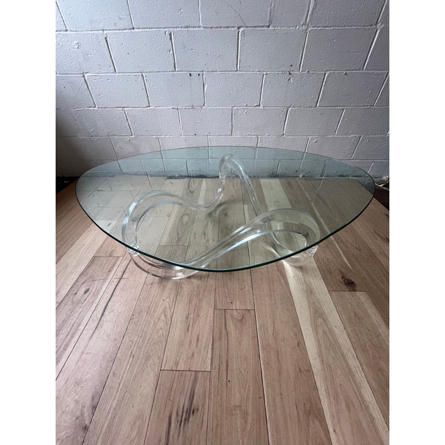 Plastic Vintage Lucite Ribbon Wave Base Glass Top Coffee Table Mid-Century Modern, 1970s For Sale - Image 7 of 8