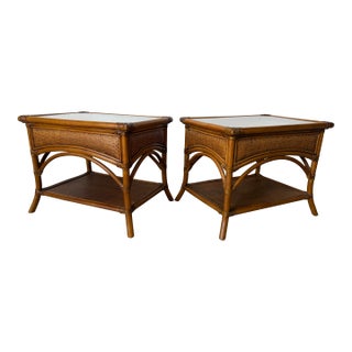 Vintage Coastal Rattan and Woven Leather Two-Tier Side Tables With Glass Tops – A Pair For Sale