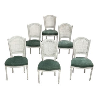 Set of Six Neoclassical Painted Swedish Chairs With Caned Backs & Mohair Seats For Sale