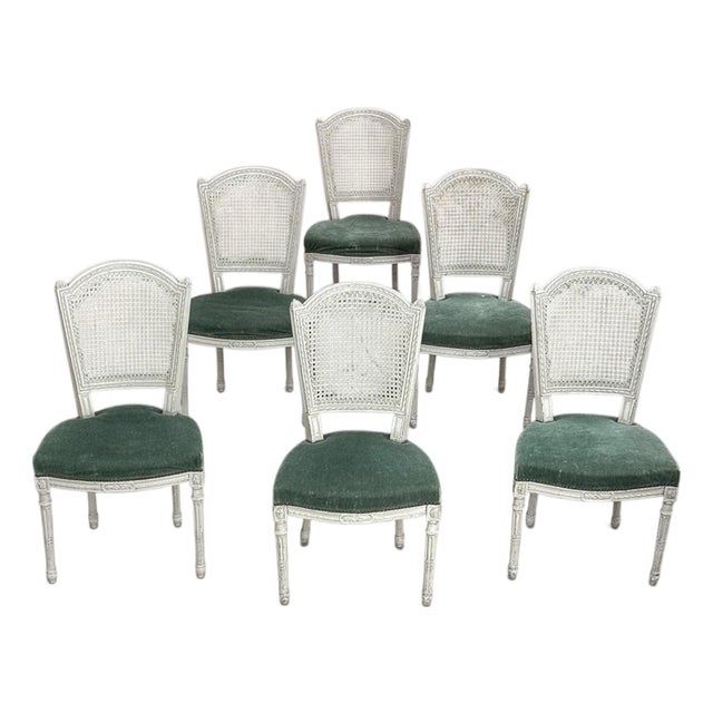 Set of Six Neoclassical Painted Swedish Chairs With Caned Backs & Mohair Seats For Sale