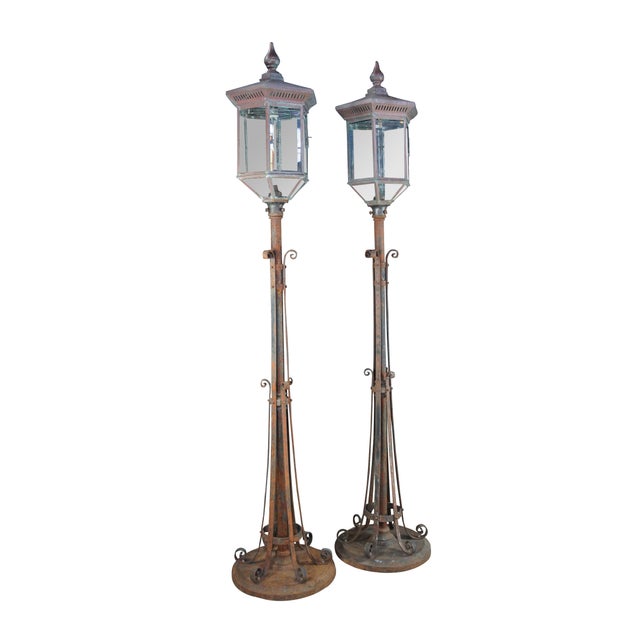 Victorian Late 19th Century Monumental Antique Wrought Iron Street Lanterns Copper & Glass Post Lights 10' - a Pair For Sale - Image 3 of 3
