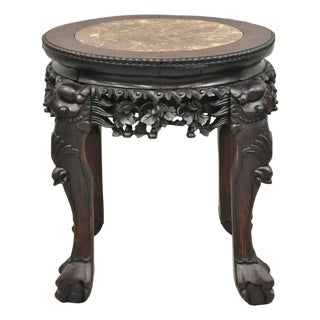 Antique Chinese Carved Hardwood Foo Dog Marble Top 18" Plant Stand Side Table For Sale