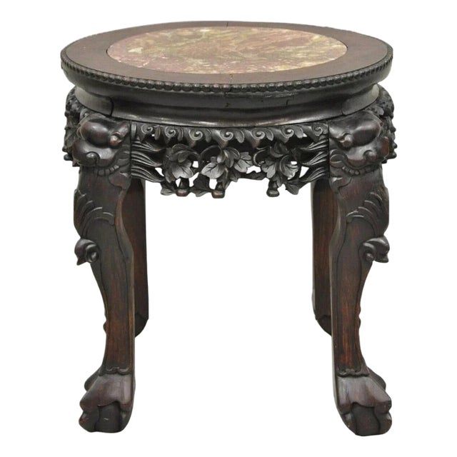 Antique Chinese Carved Hardwood Foo Dog Marble Top 18" Plant Stand Side Table For Sale