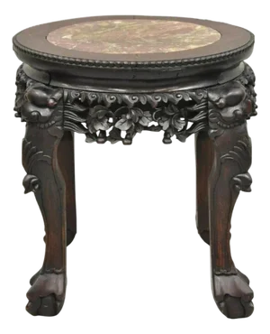 Antique Chinese Carved Hardwood Foo Dog Marble Top 18" Plant Stand Side Table