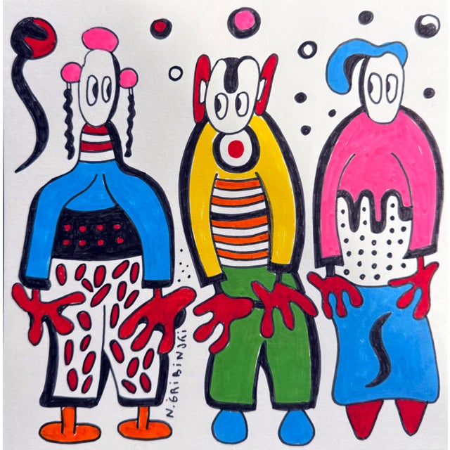 The Three Dreamers — Nathalie Gribinski — Small Abstract Figurative Drawing (8 X 8 In, 2025) For Sale
