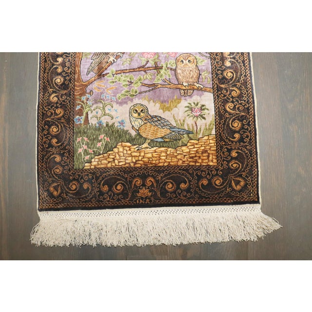 Textile Zabihi Collection Signed Turkish Silk Herekeh Owl Rug For Sale - Image 7 of 9