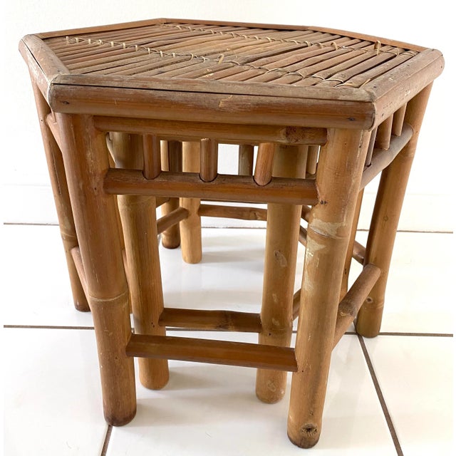 Mid Century Bamboo Rattan Hexagon Nesting Tables - Set of 2 For Sale - Image 4 of 11