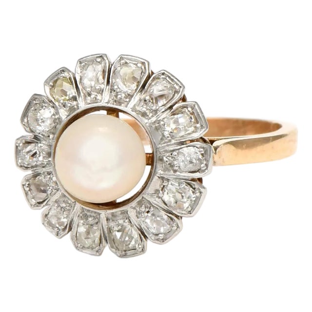 18KY/Platinum Edwardian Pearl & Diamond Ring, size 7.25 For Sale