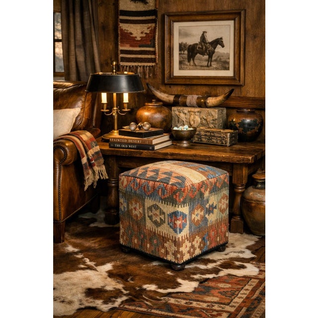 Cabin Vintage Kilim Upholstered Pouf / Ottoman With Sturdy Interior Wooden Frame - Southwestern, Boho, Ski Lodge, & Ralph Lauren Decors - See Photos! For Sale - Image 3 of 7