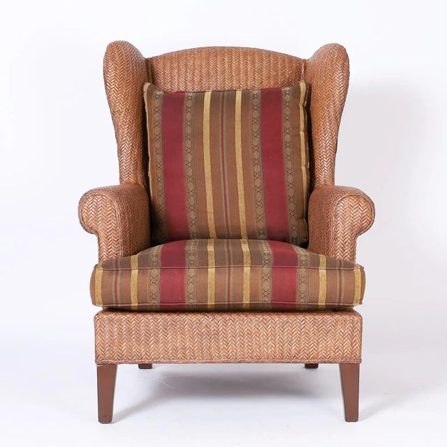 English Vintage Woven Reed or Wicker Wingback Armchair and Ottoman For Sale - Image 3 of 11