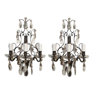 1900 Pair of Crystal Neoclassical French Sconces For Sale