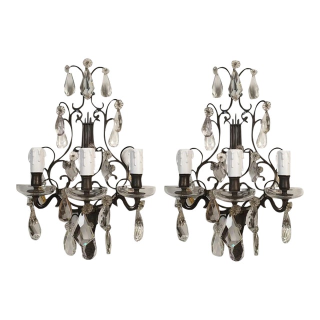 1900 Pair of Crystal Neoclassical French Sconces For Sale