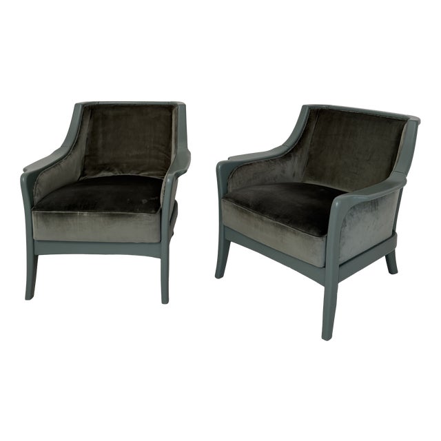 Mid-Century Modern French Lounge Chairs in Green Velvet and Lacquered Wood, 1950, Set of 2 For Sale