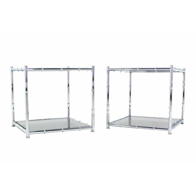Maison Baguès Cube Shape Chrome Faux Bamboo Frame End Tables Smoked Glass Top - A Pair For Sale - Image 4 of 9