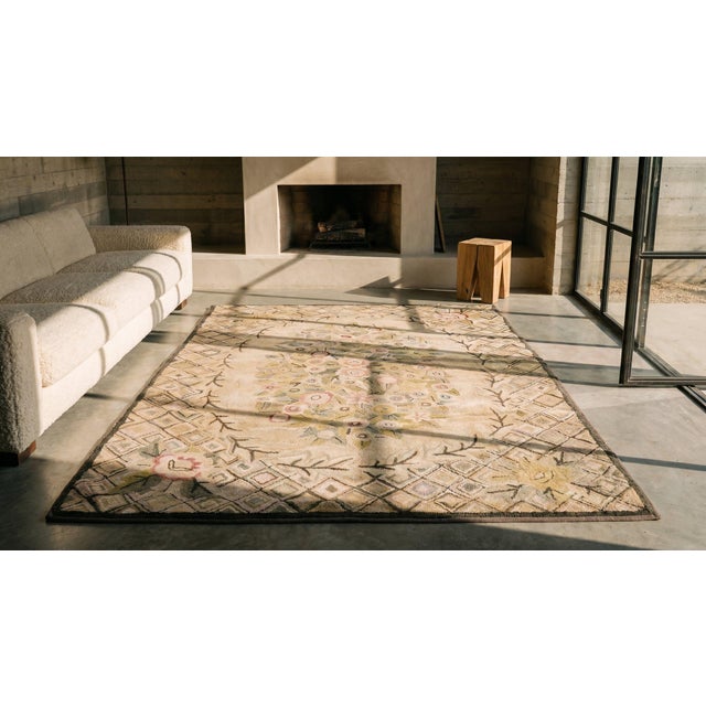 Textile 1930s Tan Ecru Floral Folk Art Antique American Hooked Rug 5' 9" X 8' 9" Hand Knotted Wool Carpet For Sale - Image 7 of 7