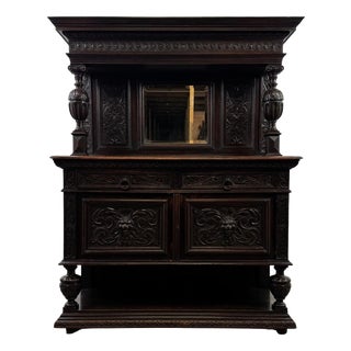 Antique Victorian English Carved Oak Mirror-Back Sideboard For Sale
