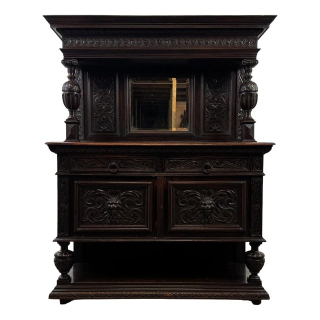 Antique Victorian English Carved Oak Mirror-Back Sideboard For Sale