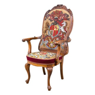 Victorian Walnut Armchair with Royal Coat of Arms Upholstery, 1860 For Sale