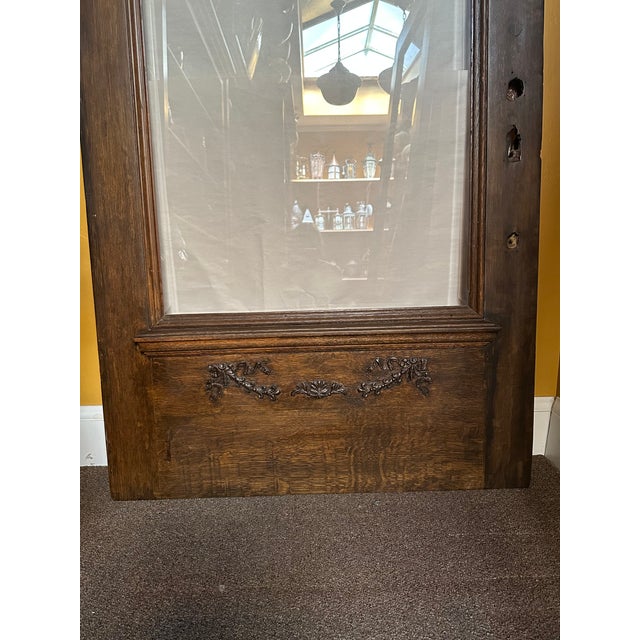 American Late 19th Century Solid Wood Oak Door With Original Beveled Glass and Wood Filigree For Sale - Image 3 of 4